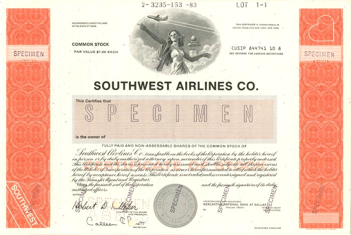 Southwest Airlines Co. - Specimen Stock Certificate - Facsimile Signature of Herbert David Kelleher